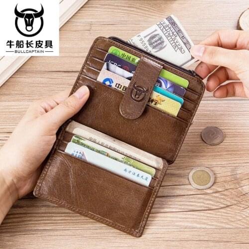 Genuine Real Leather Men Vintage Zipper Coin Wallets Purse Business Bank Credit Bank ID Plastic Drivers License Card Holder