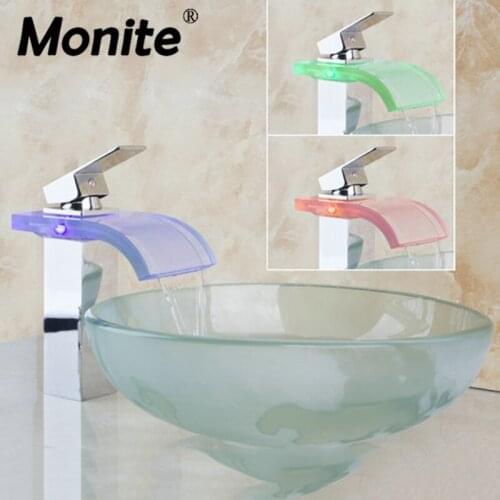 Round Painting Bathroom Faucet Set Art Washbasin Tempered Frosted Glass Vessel Sink With Waterfall Glass Brass LED Faucet Set