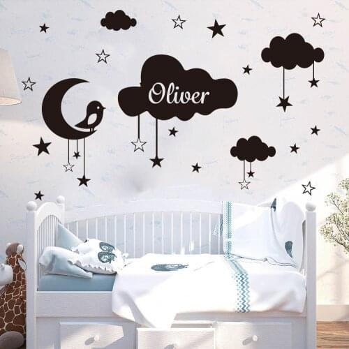 Custom Name Moon Star Clouds Bird Wall Decal Baby Nursery Kids Room Sky Space Nature Moon Stars Cloud Wall Sticker Vinyl Decor