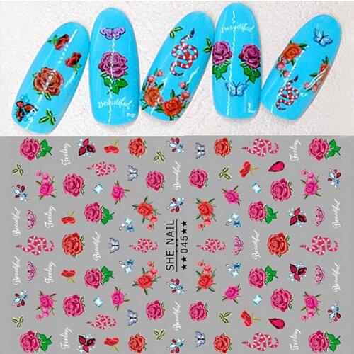 2 sheets self-adhesive rose flower nail sticker decals for nail art decorations manicure fake nails supplies tool SHE037-052