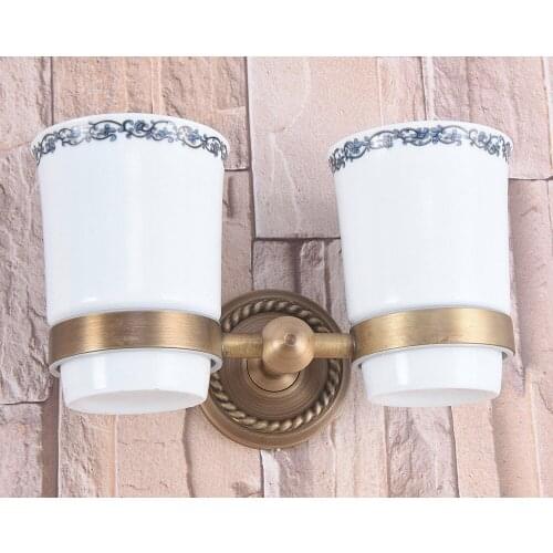 Wall Mounted Vintage Retro Antique Brass Bathroom Toothbrush Holder Set Bathroom Accessory Dual Ceramic Cup mba222