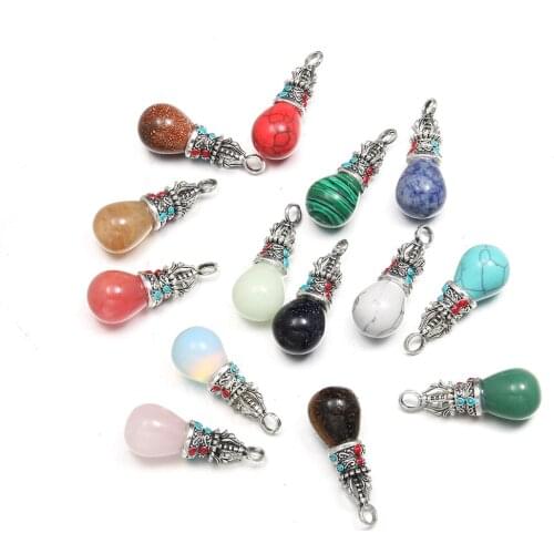 Charm Natural Stone Necklace Pendant Round Water Drop Rose Quartzs Turquoises Opals for DIY Jewelry Accessories Size15*40mm