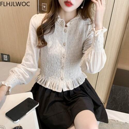 2021 Autumn Winter Basic Shirts Hot Sales Fashion Korea Chic Women Cute Sweet Girls Retro Vintage Black Short Velvet Ruffles Top