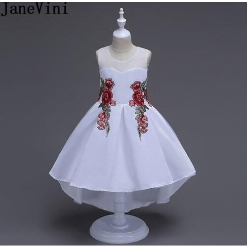 JaneVini Princess White Girls Flower Girl Dresses With Embroidery Appliques High Low Child Kids Wedding Party Communion Dresses