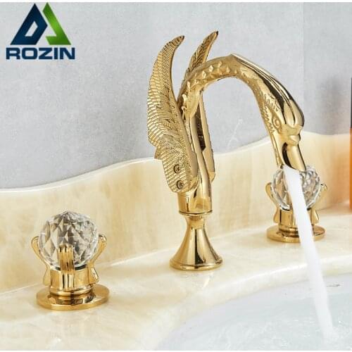 Rozin Gold Swan Basin Faucet Luxury Deck Mounted Dual Crystal Handle Bathroom Mixer Tap Cold and Hot Water Mixer Faucet