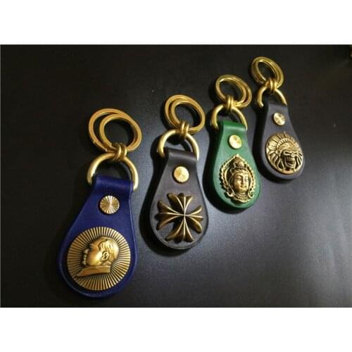 Handmade Solid Brass Key Chain Waist Hook Leather Strap Car Key Ring Vintage Copper Key Holders Organizer