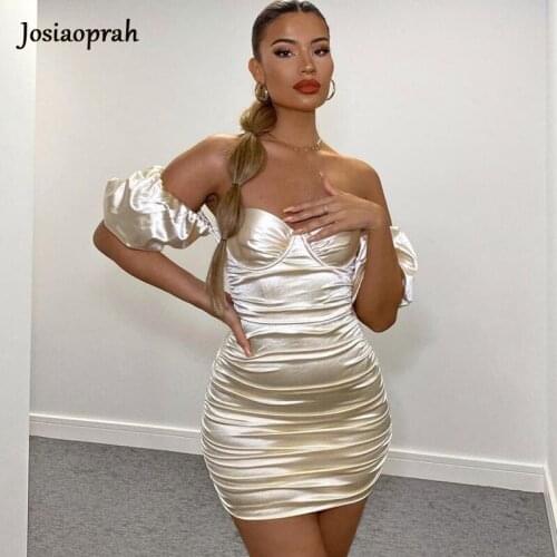 Josiaoprah Off Shoulder Satin Sexy Dress Women Short Sleeve Bodycon Autumn Wniter Dress Elegant Party Club Mini Dress 2021