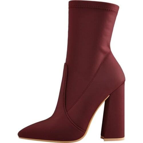 Richealnana Pointed Toe Wine Black Minimalistic Stretch Chunky Block High Heels Size Zipper Thick Ankle Booties