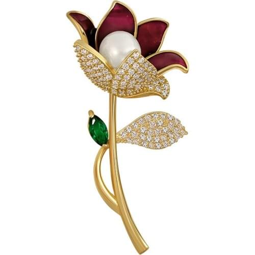 MOGAKU Tulip Flower Elegant Brooches Women Fashion Classic Pearl Crystal Suit Coat Lapel Pin Brooch Jewelry Girl Delicat Gifts