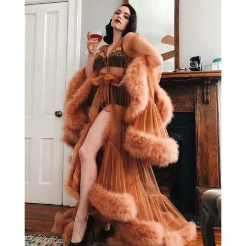 Womens Faux Fur Robe Kimono Pregnant Party Sleepwear Women Sexy Bathrobe Sheer Nightgown Prom Bridesmaid Shawel