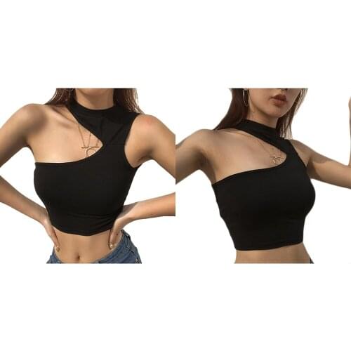 Sexy Shoulder-cut Irregular Short Sports Vest Female Bottoming Hollow Hanging Neck Summer Slim Cotton Round-neck Black