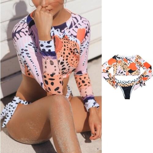 H9ED Women Sexy 2 Pieces Bikini Long Sleeve Sun Protection Crop Top Wetsuit Swimsuit Leopard Polka Dot Print Side Tie Thong Suit