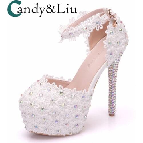 White Lace Wedding Shoes Sequin Super High Heel Round Toe Women Sandals with Platform for Party Banquet Evening Dress Large Size