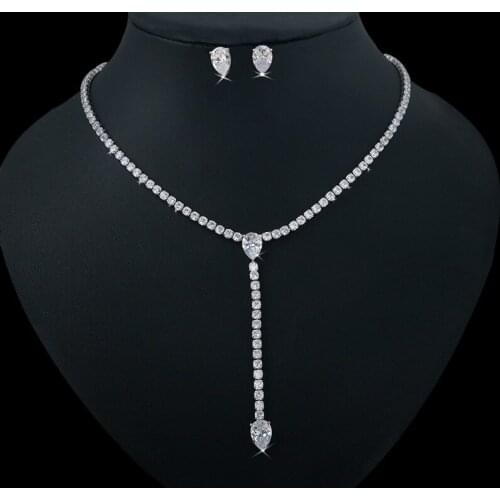 Romantic Long Water Drop Shape Chain Link Green Cubic Zirconia Women Party Costume Necklace Earrings Jewelry Set Bijoux