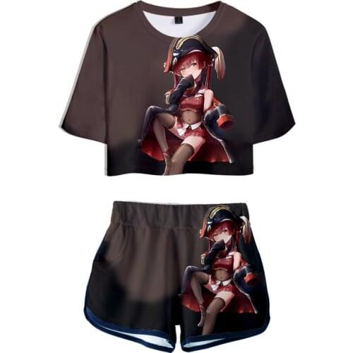 HOLOLIVE VTuber Houshou Marine 3D Summer unisex Sets Sexy Short Tops+shorts Elastic Waist Suit Vitality Kawaii Two Piece Sets