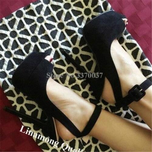 Linamong Claasical Style Peep Toe Suede Leather High Platform Stiletto Heel Pumps Black Ankle Strap High Heels Club Dress Shoes