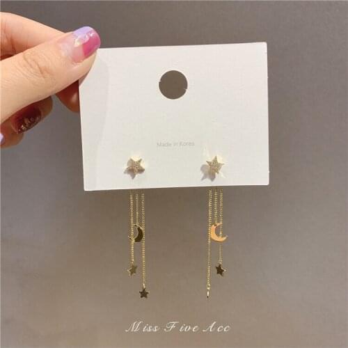 Trendy Undefined Star Moon Long Tassel Earrings Korean Jewelry Creative Dangle Earrings Metal Gold Ear Rings For Women Luxury