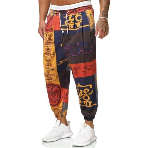 Mens Linen Baggy Hippie Boho Yoga Harem Pants African Pattern Print Drop Crotch Joggers Sweatpant Men Trousers African Clothes