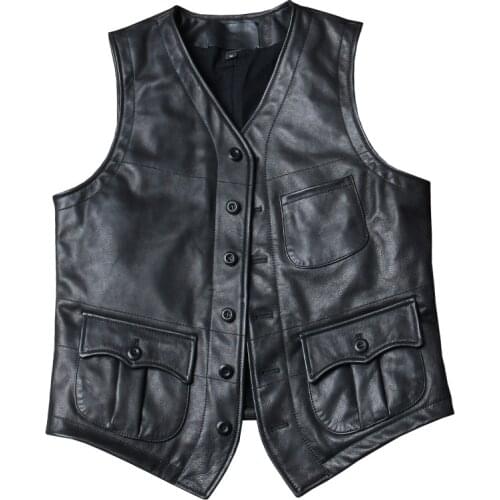 Mens Real Leather Vest Vintage West Cowboy Genuine Leather Cowhide Sleeveless Jackets Motorcycle Biker Vest Casual Waistcoat