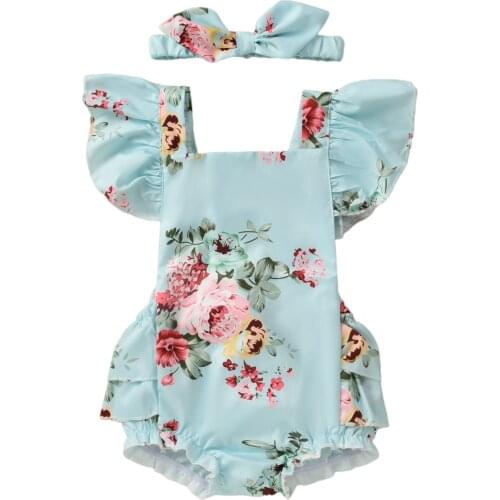 2 Pcs Newborn Flower Print Outfits, Baby Girl Tie-Up Ruffled Fly Sleeve Square Collar Bowknot Romper + Headband