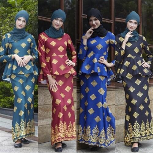 Newly Islamic Woman Fashion Clothing Set Long Sleeve Ruffle Top Elegant Muslim Malaysia Arab Print Ramadan Abaya Outfits
