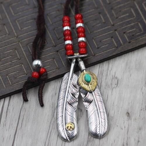 Solid Silver 925 Vintage Indian Style Feather Pendant Long Necklaces Men Women Leather Rope Handmade 925 Sterling Silver Jewelry