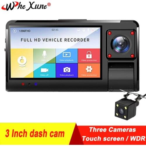 WHEXUNE Three Way Car DVR 3'' IPS Touch screen FHD Three Lens Video Recorder Camera Dash Cam G-Sensor WDR Night vision Camcorder