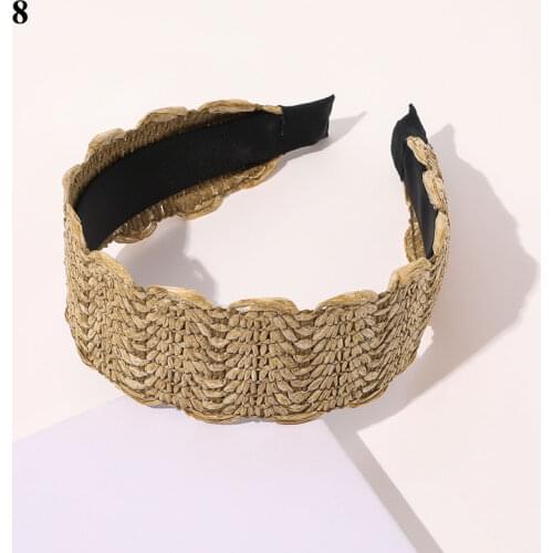 2021 New Cross Knotted Hair Hoop Gold Lace Raffia Female Handmade Hair Accessories Weaving Straw Headband Wide Brimmed Head Hoop