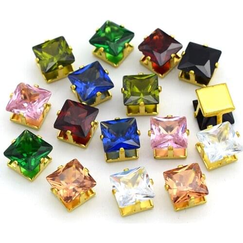8MM Square Zircon With Gold Frame Artificial Colored Gemstones Top Quality Crystal Rhinestones DIY Clothing Accessories