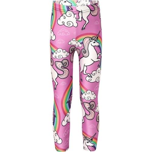 Kids Girls Elastic High Waist Yoga Pants Legging Tights Cartoon Rainbow Horse Print Good Stretchy Sport Fitness Pants Trousers