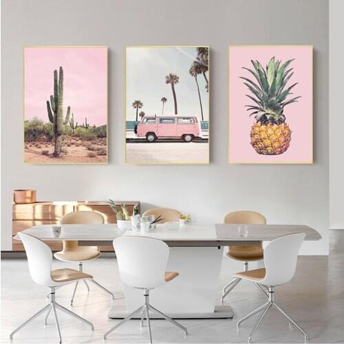 And Prints Wall Pictures For Living Room Decor Pink Bus Cactus Pineapple Blue Sea Beach Wall Art Canvas Painting Nordic Posters