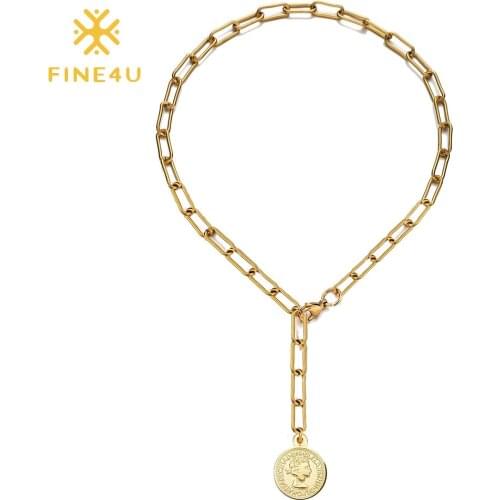 FINE4U N777 Dainty Paperclip Choker Necklaces for Women Round Coin Pendant Necklace Handmade Jewelry Gift