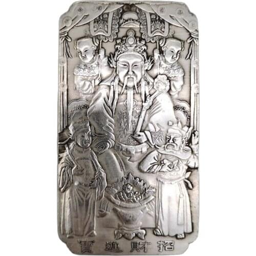 Chinese Old Tibetan Silver Relief Five Parties God Of Wealth Waist Card Amulet Pendant Feng Shui Lucky Card Pendant