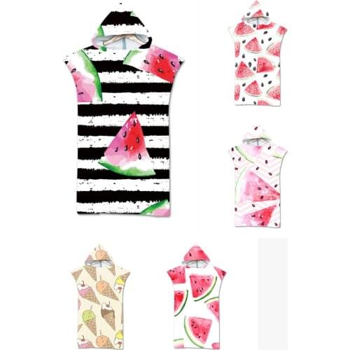 Free shipping Gift Summer Fruit Watermelon Ice Cream Striped Pattern Adult Children Hooded Towel Pool Bath Beach Poncho Towel