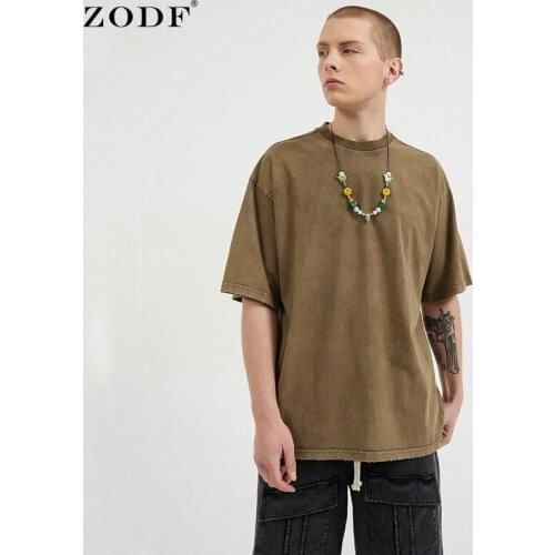 ZODF Trendy Summer Men 250gsm Cotton Solid Tees T Shirt Loose Washed Retro Unisex Hip Hop Basic T-Shirts Brand Tops HY0255