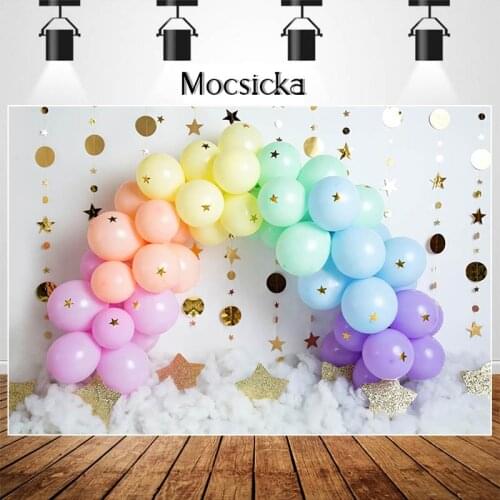MOCSIKA Rainbow Balloon Cake Smash Backdrops for Photography Girl 1st Birthday Photocall Background Photo Studio