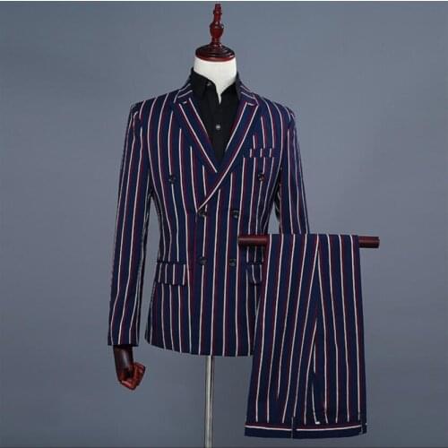 Mens Color Striped Double-breasted Suit Two-piece Groom Groomsman Host Dress Costume Dj Singer Stage Suit Jacket (jacket+pants)
