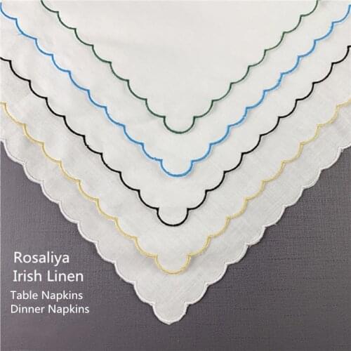 Set of 12 Fshion Table Napkins 40*40 CM Dinner Napkins White Irish 100% Linen Tea Napkins with Color Embroidered Scalloped Edges