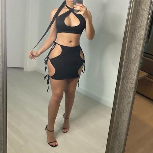 2021 New Summer Womens Sexy Vest and Skirt Suit Fashion Solid Color Halter Tops and Bandage Tight Short Skirt Dress Sets