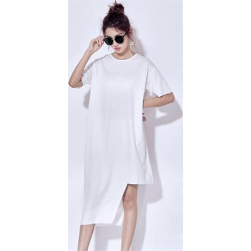 New Korean Irregualr Loose Women Dresses 2021 Summer Simple Solid Color O-neck Short Sleeve Female Dress Back Streamer Stitching