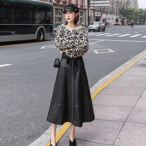 Leather Sheepskin High Waist Slim Bow Long Big Swing Skirt High Quality Zipper A-Line Temperament Black Genuine Loose Skirt