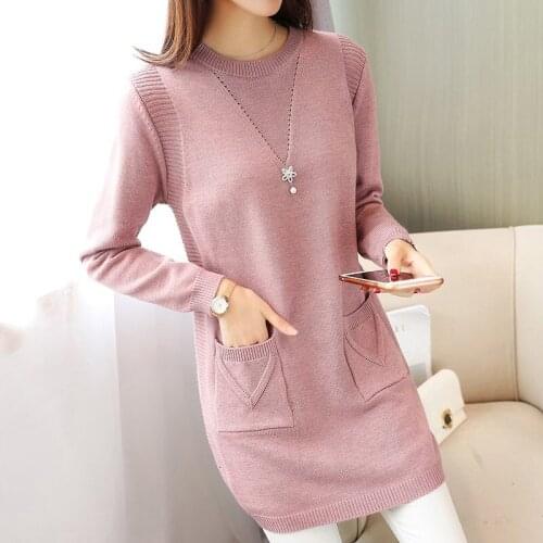 Solid Long Sweater Women Clothing 2021 New Korean Pocket Knit Sweater Dress Casual Warm Loose O neck Long sleeve Ladies Pullover