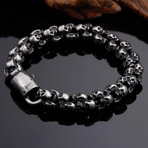 Punk 22.5cm Long Skull Bracelets For Men Stainless Steel Shiny Skull Charm Link Chain Brecelets Male Gothic Jewelry