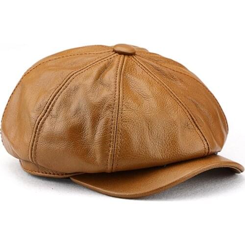 Casual octagonal hat Genuine Leather Hat Autumn Mens Cowhide Leather Beret Elegant Fashion Student Tongue Cap Snapback Caps For
