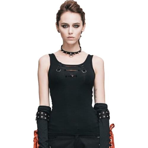 Summer Steampunk Top Women Sexy Sleeveless Vest T Shirt Hollow Out Gohtic Punk Women Solid Black Vest Tank Tops Tees