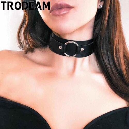 TRODEAM Women PU Leather Collar Necklace Strap Belt Black Adjustable Bondage Restraint Sexy Fetish Choker Harness Suspender Cage