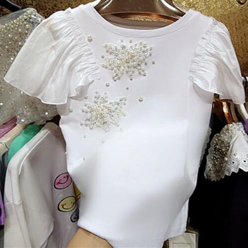 Heavy Industry Pearl Beading T-shirt Women Summer Three-Dimensional Ruffled Sleeve Cotton Top Tees