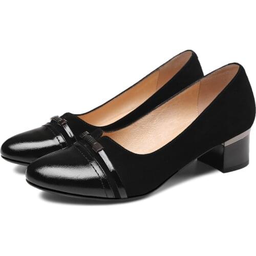 Women Shoes Genuine Leather Black Suede Pumps Shoes For Women With Middle Heel Office Shoes For Ladies Clearance Price Size 40