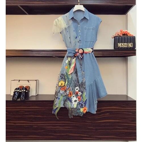2021 Summer French Retro Woman Denim Dress Temperament Goddess Fan Embroidery Mesh Stitching Female Fashion Dress Vestidos