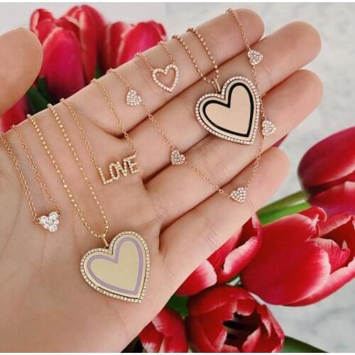 Pink Enamel Heart Shape Pendant Necklace 2020 Summer Trendy Lover Women Jewelry Newize Engrave Tag Gold Filled Cz Necklace